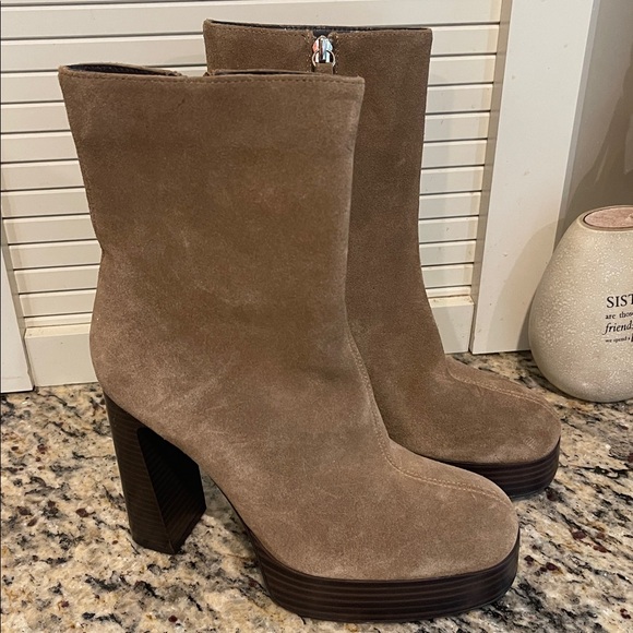 Zara suede heeled ankle boots pointed toe tan booties - Picture 1 of 8